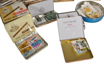 Lot 535 - COLLECTION OF VINTAGE 20TH CENTURY VAN DYCK CIGAR TINS W/ LOOSE FRANKED FOREIGN STAMPS