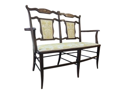 Lot 685 - EDWARDIAN MAHOGANY & MARQUETRY INLAID TWO SEAT WINDOW SEAT BENCH
