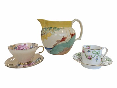 Lot 51 - EARLY 20TH CENTURY CLARICE CLIFF JUG WITH TWO CHINA CUPS AND SAUCERS