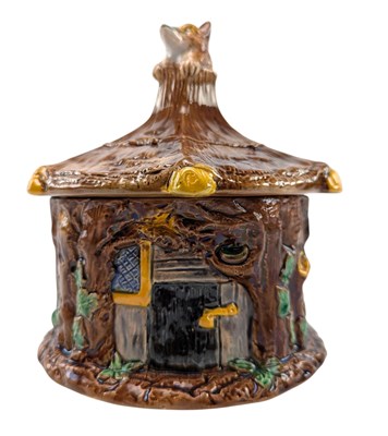 Lot 24 - T. C. BROWN WESTHEAD MOOR - WOLF & COTTAGE - 19TH CENTURY ENGLISH MAJOLICA LIDDED JAR
