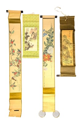 Lot 76 - FOUR 20TH CENTURY CHINESE INK & COLOUR HANGING SCROLL PAINTINGS