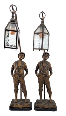 Lot 371 - MATCHED PAIR OF EARLY 20TH CENTURY BRONZED EFFECT WHISTLING BOY/SAILOR LAMPS