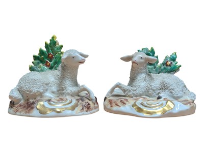 Lot 3 - PAIR OF 18TH CENTURY CHELSEA PORCELAIN CHINA SHEEP FIGURES