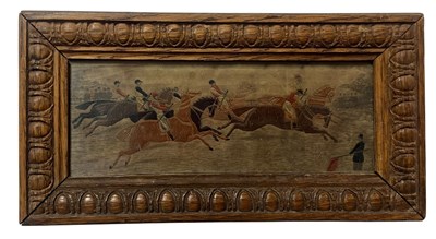 Lot 19 - 19TH CENTURY NEEDLEPOINT EMBROIDERY MINIATURE PANEL SAMPLER OF HORSE RACING