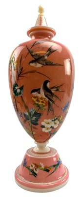 Lot 68 - BELIEVED HARRACH BOHEMIAN ENAMELLED PINK OPALINE GLASS VASE & COVER