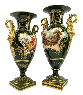 Lot 90 - NEAR MATCH PAIR OF 19TH CENTURY ROCKINGHAM BONE CHINA HANDLED VASES