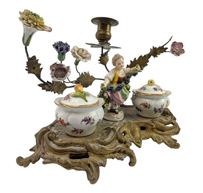 Lot 55 - FRENCH LOUIS XVI STYLE 19TH CENTURY PORCELAIN & BRASS FIGURAL DESK INKWELL