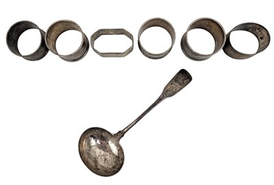 Lot 148 - GEORGE III HALLMARKED SILVER LADLE & 5 HALLMARKED SILVER NAPKIN RINGS