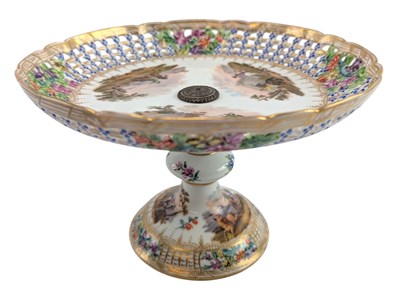 Lot 57 - DRESDEN 19TH CENTURY HAND PAINTED PORCELAIN RETICULATED COMPOTE DISH TAZZA