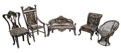 Lot 90 - COLLECTION OF HALLMARKED SILVER MINIATURE DOLL HOUSE LOVE SEAT & CHAIRS