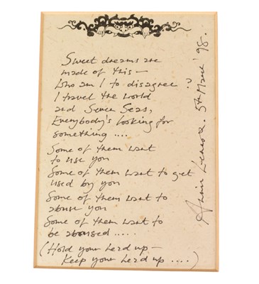 Lot 245 - MUSIC - ANNIE LENNOX (EURYTHMICS) - HANDWRITTEN 'SWEET DREAMS' LYRICS