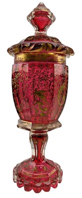 Lot 64 - BOHEMIAN 19TH CENTURY CRANBERRY GLASS & GILDED LIDDED GOBLET