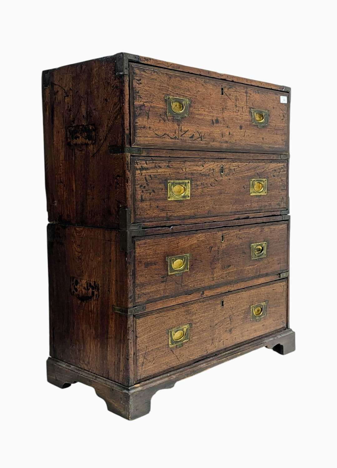 Lot 264 - GEORGE III MAHOGANY & BRASS BOUND CAMPAIGN CHEST ON CHEST
