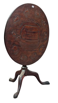 Lot 279 - 19TH CENTURY CARVED OAK TILT TOP TABLE WITH ANIMALS BOARDING NOAH'S ARK