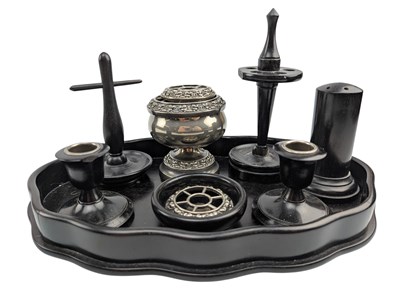 Lot 54 - 20TH CENTURY RETRO 7PC EBONY DRESSING TABLE VANITY SET