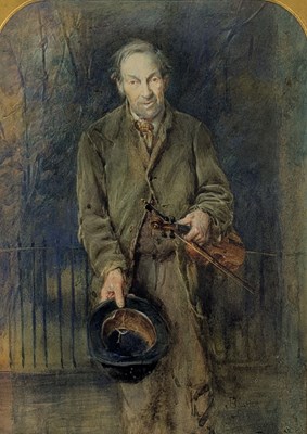 Lot 80 - JOHN BLAIR - THE STREET MUSICIAN 1882 WATERCOLOUR PAINTING