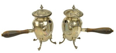 Lot 14 - PAIR OF GEORGE V HALLMARKED SILVER LIDDED CHOCOLATE WARMER POTS