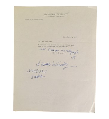 Lot 268 - SOVIET UNION - ALEXANDER KERENSKY (D.1970) - AUTOGRAPHED LETTER