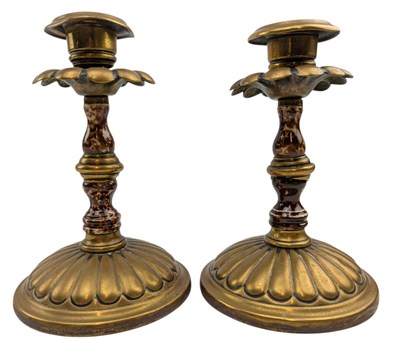 Lot 91 - PAIR OF VICTORIAN BRASS WITH CERAMIC MARBLE CANDLESTICKS