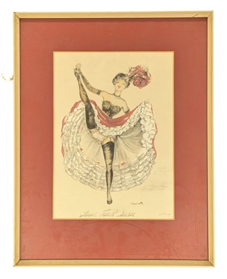 Lot 84 - JANICOTTE (FRENCH 20TH CENTURY) - GOUACHE ON PAPER STUDY OF A CANACN DANCER