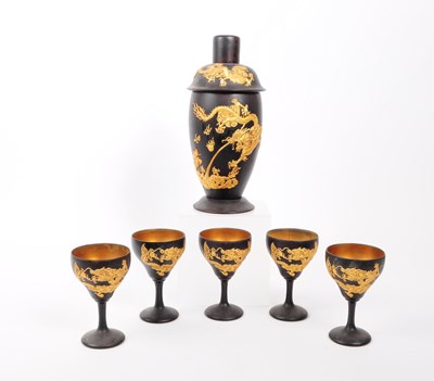 Lot 219 - GILT & BLACK WOODEN CHINESE DECANTER WITH CUPS