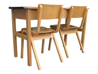 Lot 814 - MORLEYS FURNITURE - VINTAGE SCHOOL DESK W/ PAIR OF BENTWOOD CHAIRS