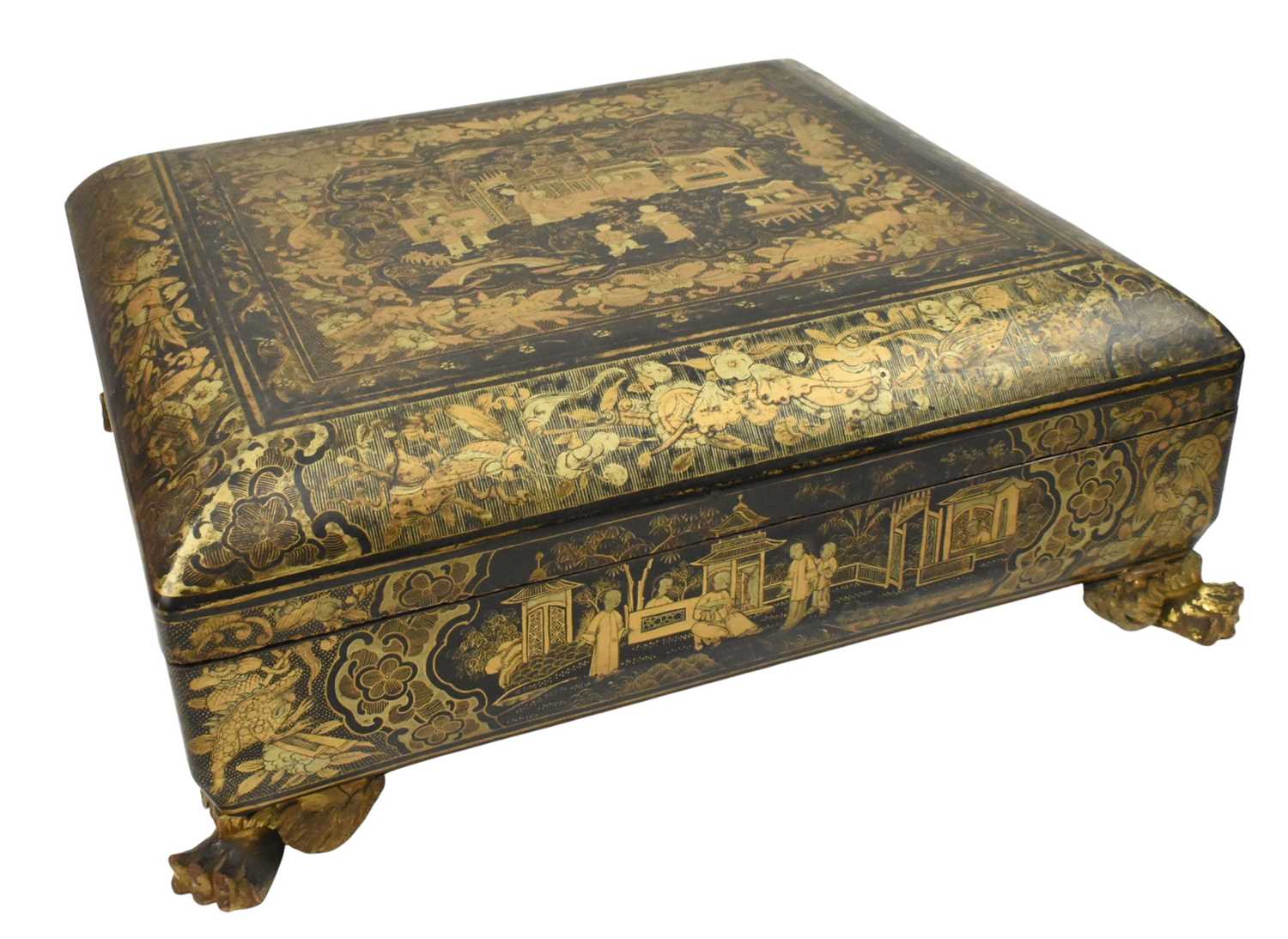 Lot 54 - 19TH CENTURY CHINESE EXPORT BLACK AND GILT LACQUER GAMES BOX