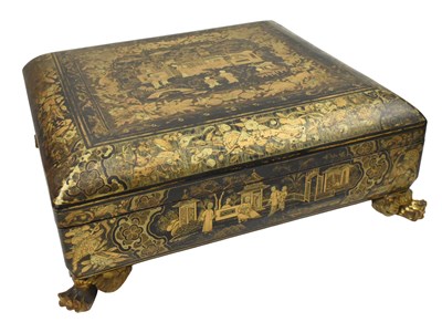 Lot 54 - 19TH CENTURY CHINESE EXPORT BLACK AND GILT LACQUER GAMES BOX