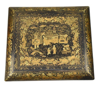 Lot 54 - 19TH CENTURY CHINESE EXPORT BLACK AND GILT LACQUER GAMES BOX