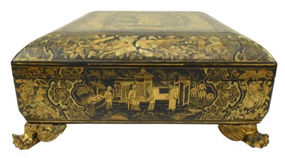 Lot 54 - 19TH CENTURY CHINESE EXPORT BLACK AND GILT LACQUER GAMES BOX