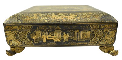 Lot 54 - 19TH CENTURY CHINESE EXPORT BLACK AND GILT LACQUER GAMES BOX