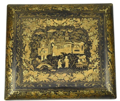 Lot 54 - 19TH CENTURY CHINESE EXPORT BLACK AND GILT LACQUER GAMES BOX