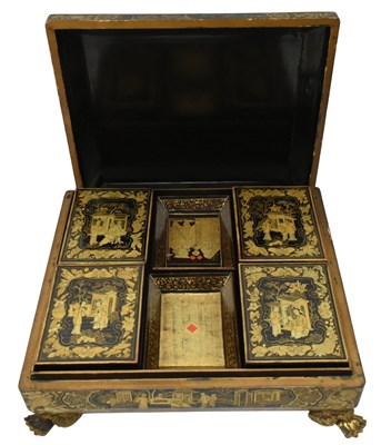 Lot 54 - 19TH CENTURY CHINESE EXPORT BLACK AND GILT LACQUER GAMES BOX
