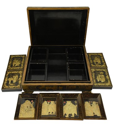 Lot 54 - 19TH CENTURY CHINESE EXPORT BLACK AND GILT LACQUER GAMES BOX