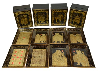 Lot 54 - 19TH CENTURY CHINESE EXPORT BLACK AND GILT LACQUER GAMES BOX