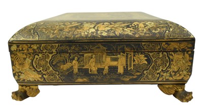 Lot 54 - 19TH CENTURY CHINESE EXPORT BLACK AND GILT LACQUER GAMES BOX