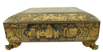 Lot 54 - 19TH CENTURY CHINESE EXPORT BLACK AND GILT LACQUER GAMES BOX