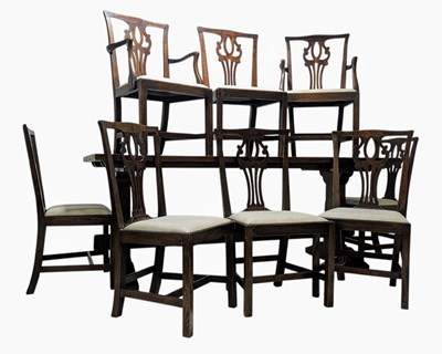 Lot 336 - 18TH CENTURY STYLE SOLID OAK REFECTORY TABLE WITH EIGHT CHAIRS