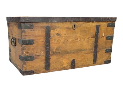 Lot 974 - VICTORIAN 19TH CENTURY PINE IRON BOUND TRAVEL TRUNK