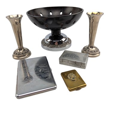 Lot 26 - ART DECO BAKERLITE FRUIT BOWL & PAIR OF SILVER PLATED CANDLESTICKS