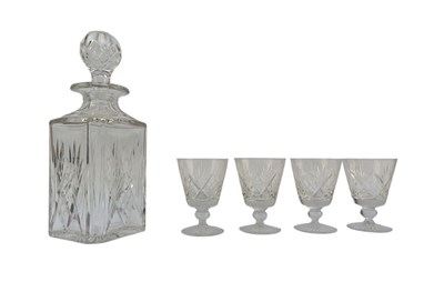 Lot 27 - 20TH CENTURY CUT GLASS DECANTER WITH STOPPER & FOUR GLASSES