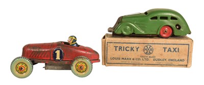 Lot 350 - CLOCKWORK TOYS - LOUIS MARX TRICKY TAXI & VINTAGE RACE CAR