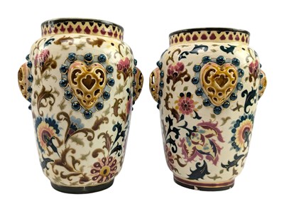 Lot 29 - ZSOLNAY PECS - PAIR OF HUNGARIAN 19TH CENTURY PORCELAIN MANTEL VASES IN LUSTRE FINISH