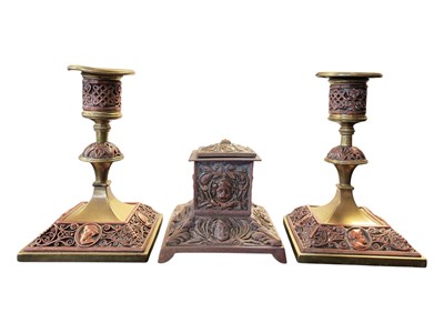 Lot 302 - 20TH CENTURY ARTS AND CRAFTS BRASS AND COPPER CANDLESTICK HOLDERS WITH INKWELL