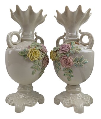 Lot 85 - BELLEEK, IRELAND - PAIR OF 19TH CENTURY 2ND MARK ROSE PORCELAIN VASES
