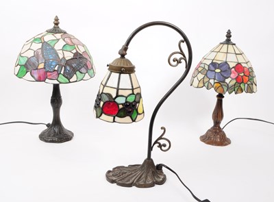 Lot 221 - TIFFANY MANNER - THREE STAINED GLASS LEAD DESKTOP LAMPS