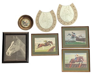 Lot 135 - COLLECTION OF FOUR PAINTINGS OF HORSES & A PAIR OF HORSE SHOE MIRRORS