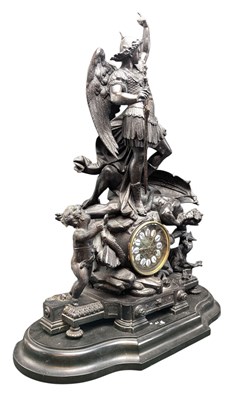Lot 571 - ST. MICHAEL SLAYING THE DRAGON - FRENCH 19TH CENTURY 8-DAY MOVEMENT MANTEL CLOCK