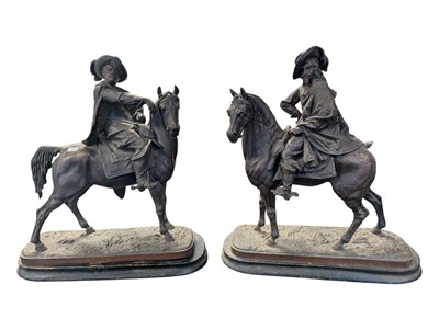 Lot 173 - TWO EARLY 20TH CENTURY BRONZED SPELTER SCULPTURES OF CAVALIER FIGURES ON HORSEBACK