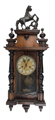 Lot 139 - 20TH CENTURY MAHOGANY CASED WALL CLOCK WITH CARVED HORSE